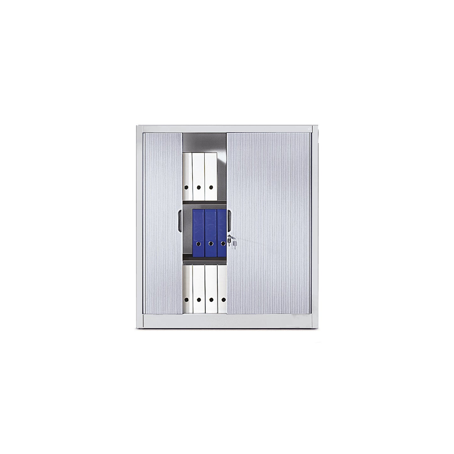 Roller shutter cupboard with horizontal shutter, HxWxD 1345 x 1200 x 420 mm, 3 shelves, 3.5 file heights, white aluminium.