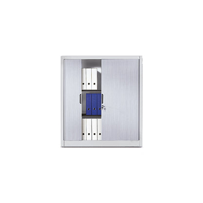 Roller shutter cupboard with horizontal shutter, HxWxD 1345 x 1200 x 420 mm, 3 shelves, 3.5 file heights, white aluminium.