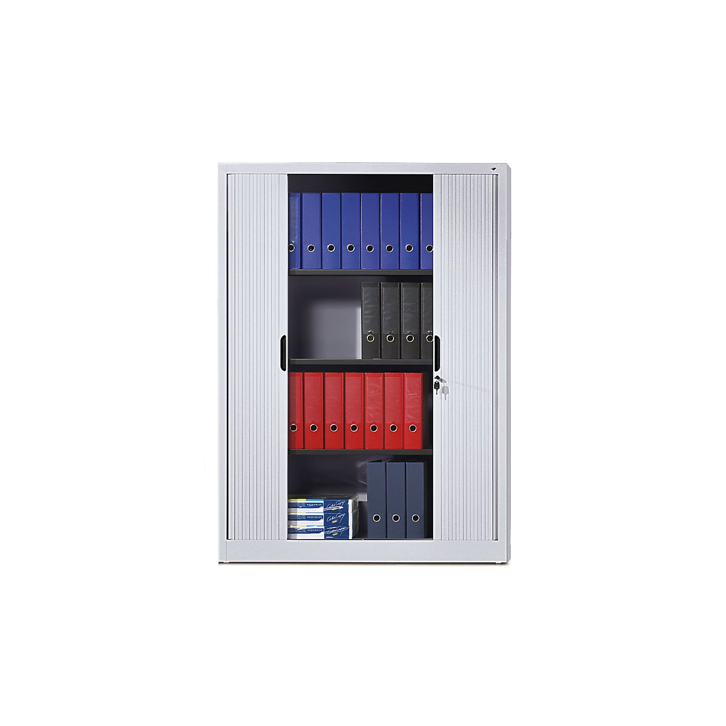 Roller shutter cupboard with horizontal shutter, HxWxD 1660 x 1200 x 420 mm, 3 shelves, 4 file heights, white aluminium.