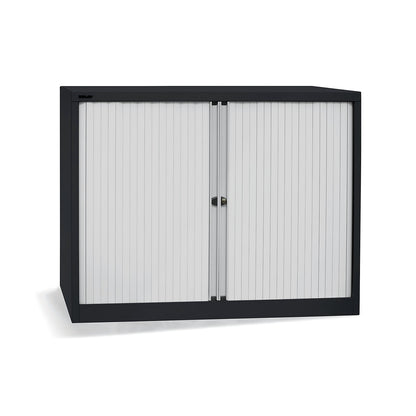 EURO roller shutter cupboard, width 1200 mm, 2 shelves, jet black / light grey.