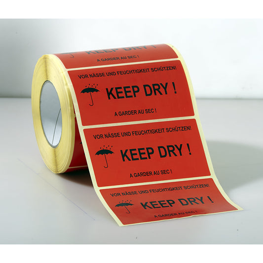 Warning label, 1000 labels per roll, pack of 6 rolls, ''Keep dry!'' imprint.