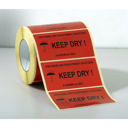 Warning label, 1000 labels per roll, pack of 3 rolls, ''Keep dry!'' imprint.