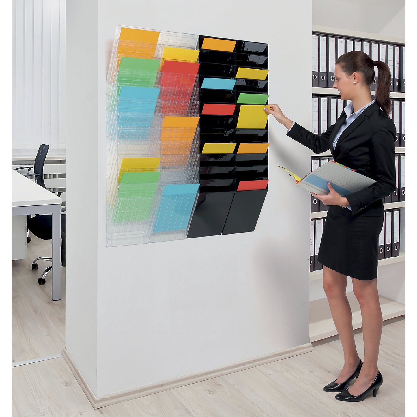 Wall mounted brochure racks, landscape format, 12 x A4, pack of 2, black.