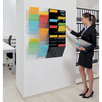 Wall mounted brochure racks, landscape format, 12 x A4, pack of 2, black.