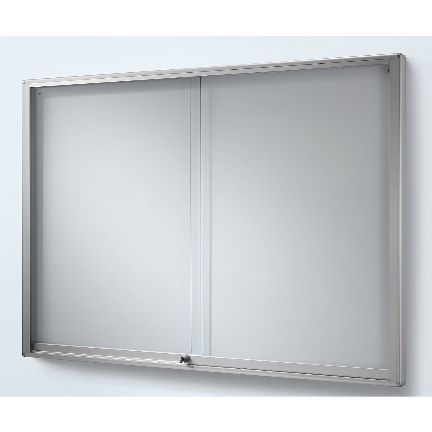 Display case, aluminium frame, sliding doors, 8 x A4, flame resistant, WxHxD 910 x 670 x 50 mm.