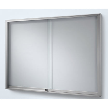 Display case, aluminium frame, sliding doors, 18 x A4, flame resistant, WxHxD 1330 x 970 x 50 mm.