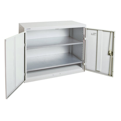 Double door cupboard, with solid panel doors, 2 shelves, light grey.