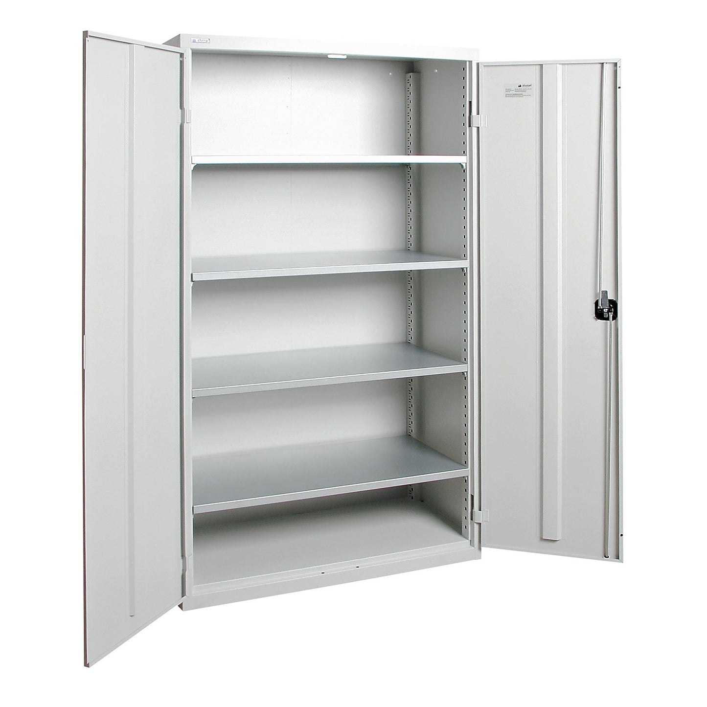 Double door cupboard, with solid panel doors, 4 shelves, light grey.