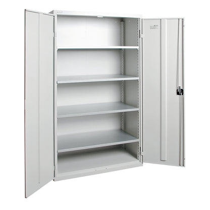 Double door cupboard, with solid panel doors, 4 shelves, light grey.