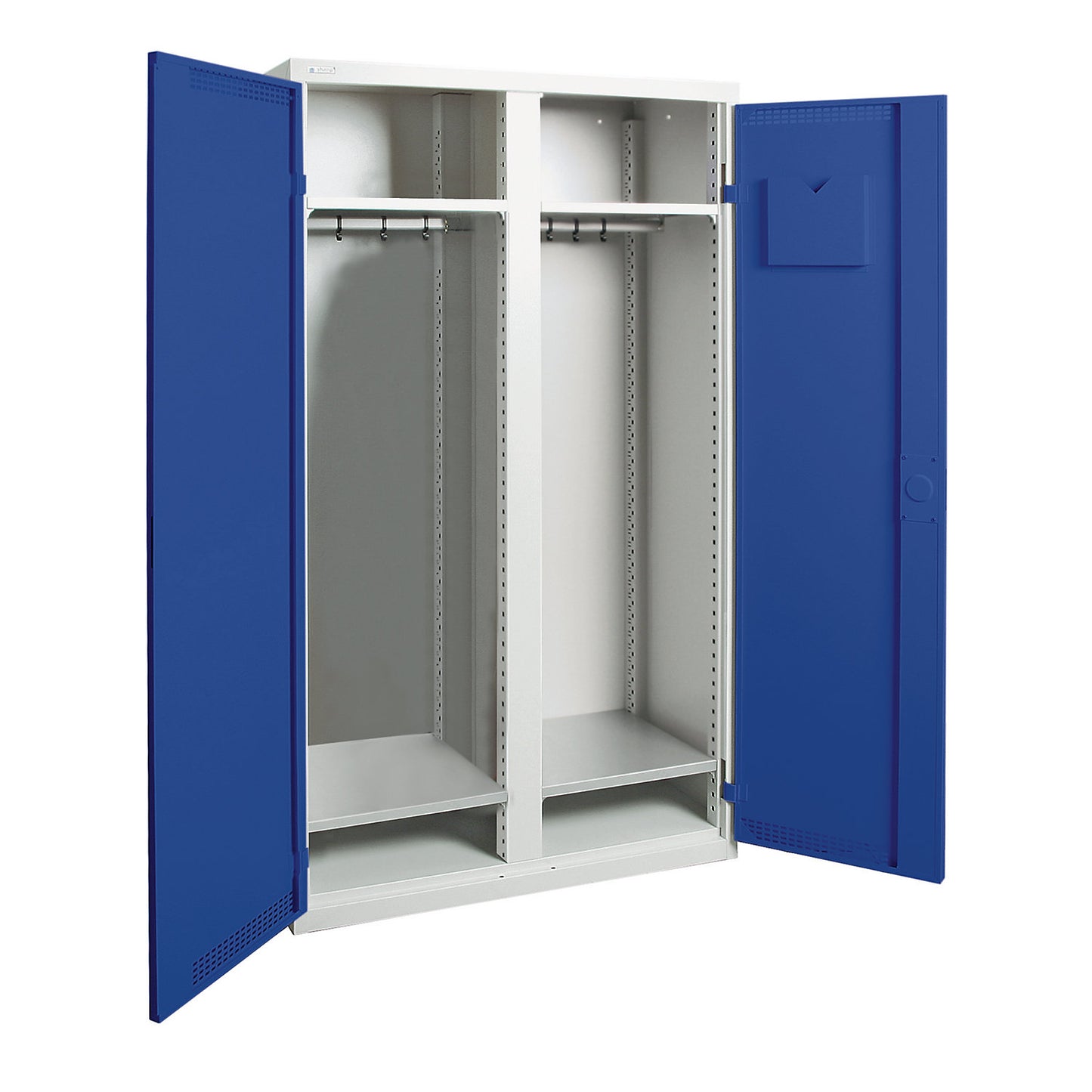 Cloakroom locker, 1 centre partition, 4 shelves, light grey / gentian blue.