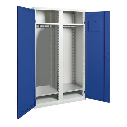 Cloakroom locker, 1 centre partition, 4 shelves, light grey / gentian blue.