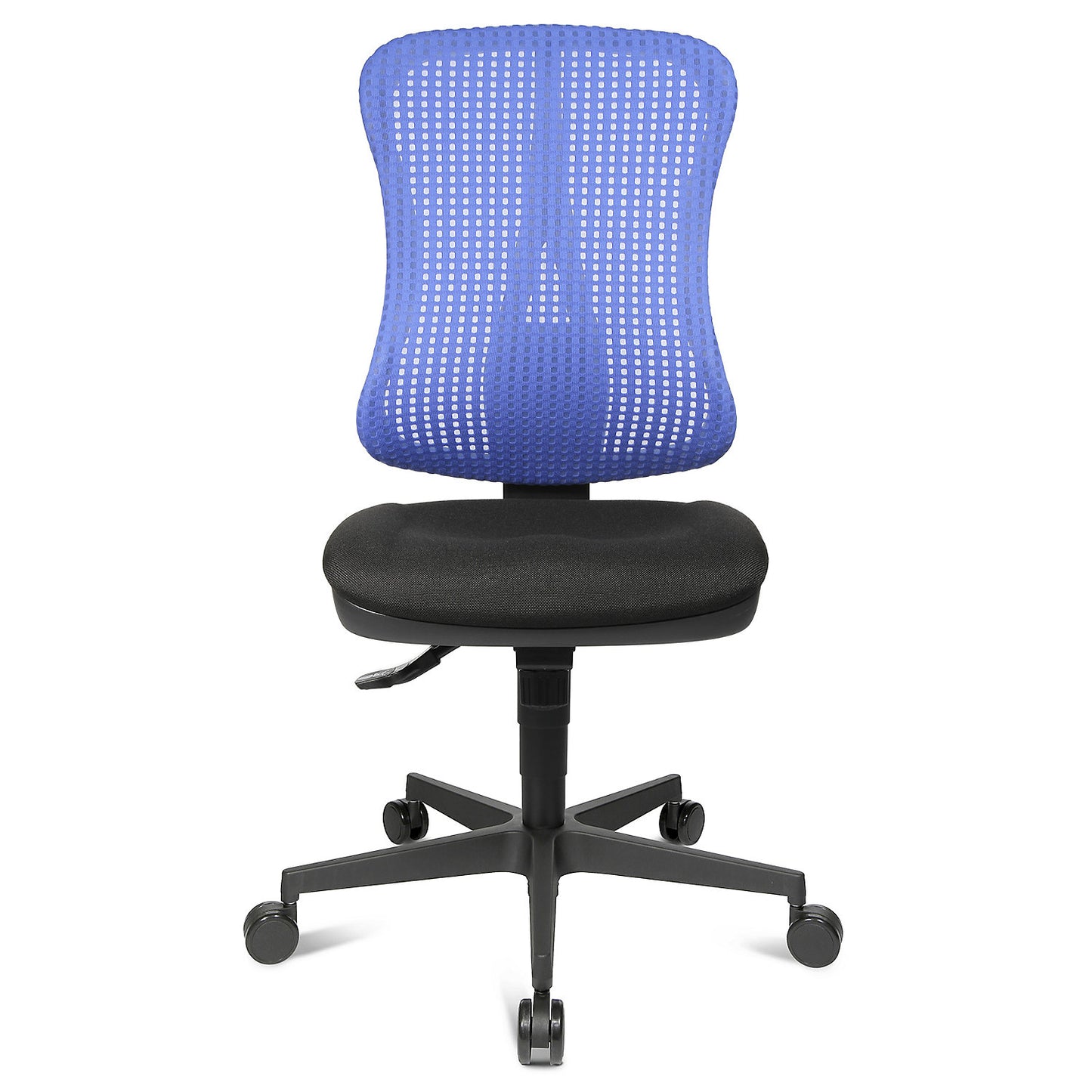 Ergonomic swivel chair, contoured seat, without arm rests, black seat, blue mesh back rest.