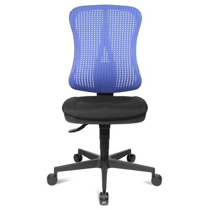 Ergonomic swivel chair, contoured seat, without arm rests, black seat, blue mesh back rest.