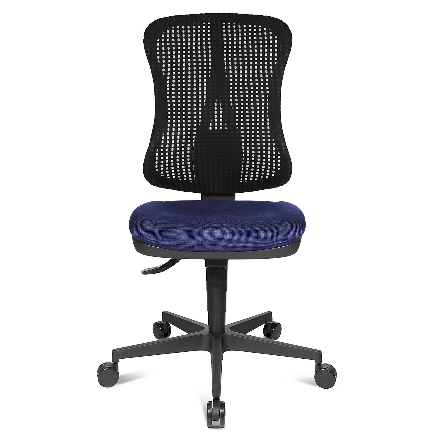Ergonomic swivel chair, contoured seat, without arm rests, blue seat, black mesh back rest.