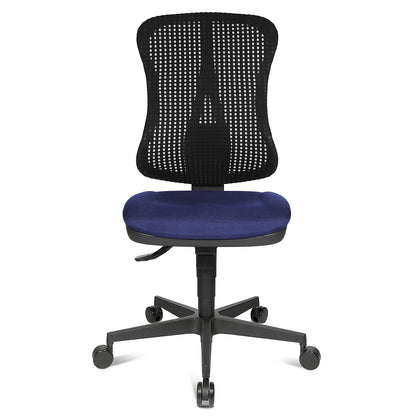 Ergonomic swivel chair, contoured seat, without arm rests, blue seat, black mesh back rest.