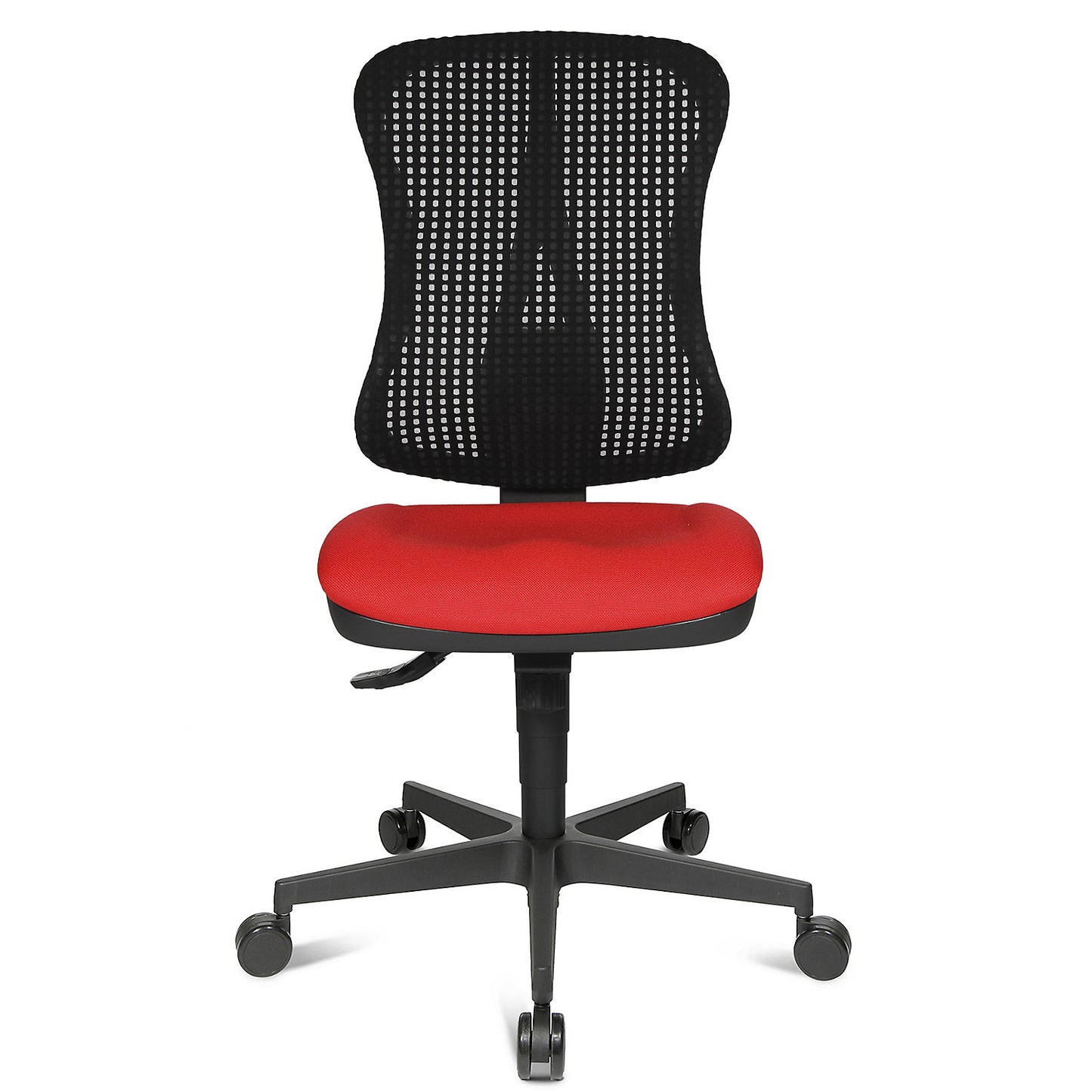 Ergonomic swivel chair, contoured seat, without arm rests, red seat, black mesh back rest.
