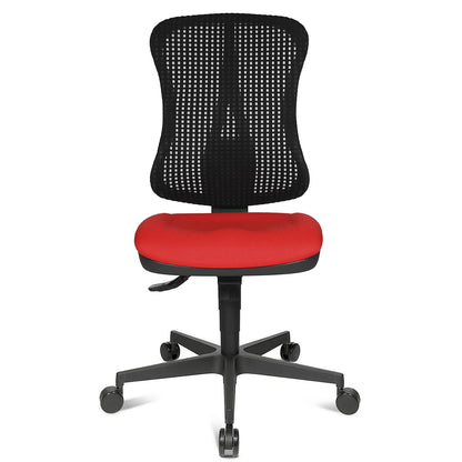 Ergonomic swivel chair, contoured seat, without arm rests, red seat, black mesh back rest.