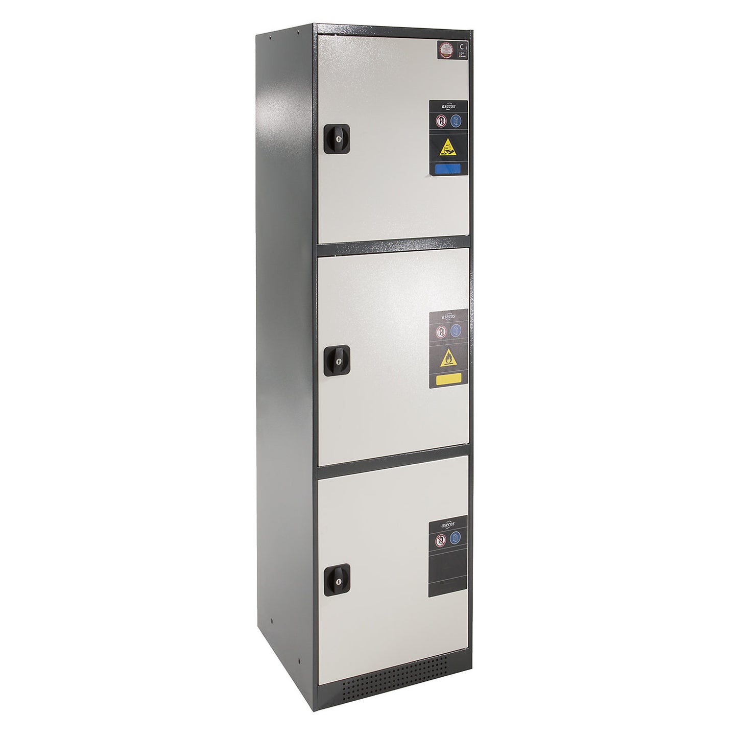 MULTIRISK chemical storage cupboard, 1 x 1 shelf, 1 base sump tray, 2 x 2 drawers, HxWxD 1950 x 540 x 520 mm, 3 compartments.