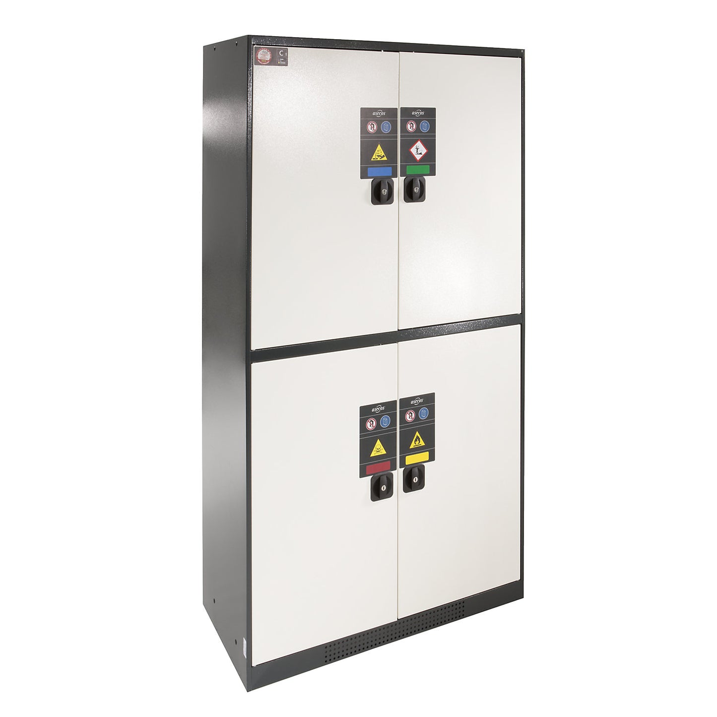 MULTIRISK chemical storage cupboard, 2 x 1 shelf, 1 base sump tray, 2 x 2 drawers, HxWxD 1950 x 1055 x 520 mm, 4 compartments.