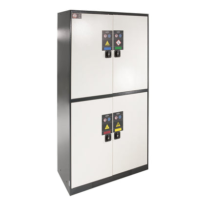 MULTIRISK chemical storage cupboard, 2 x 1 shelf, 1 base sump tray, 2 x 2 drawers, HxWxD 1950 x 1055 x 520 mm, 4 compartments.