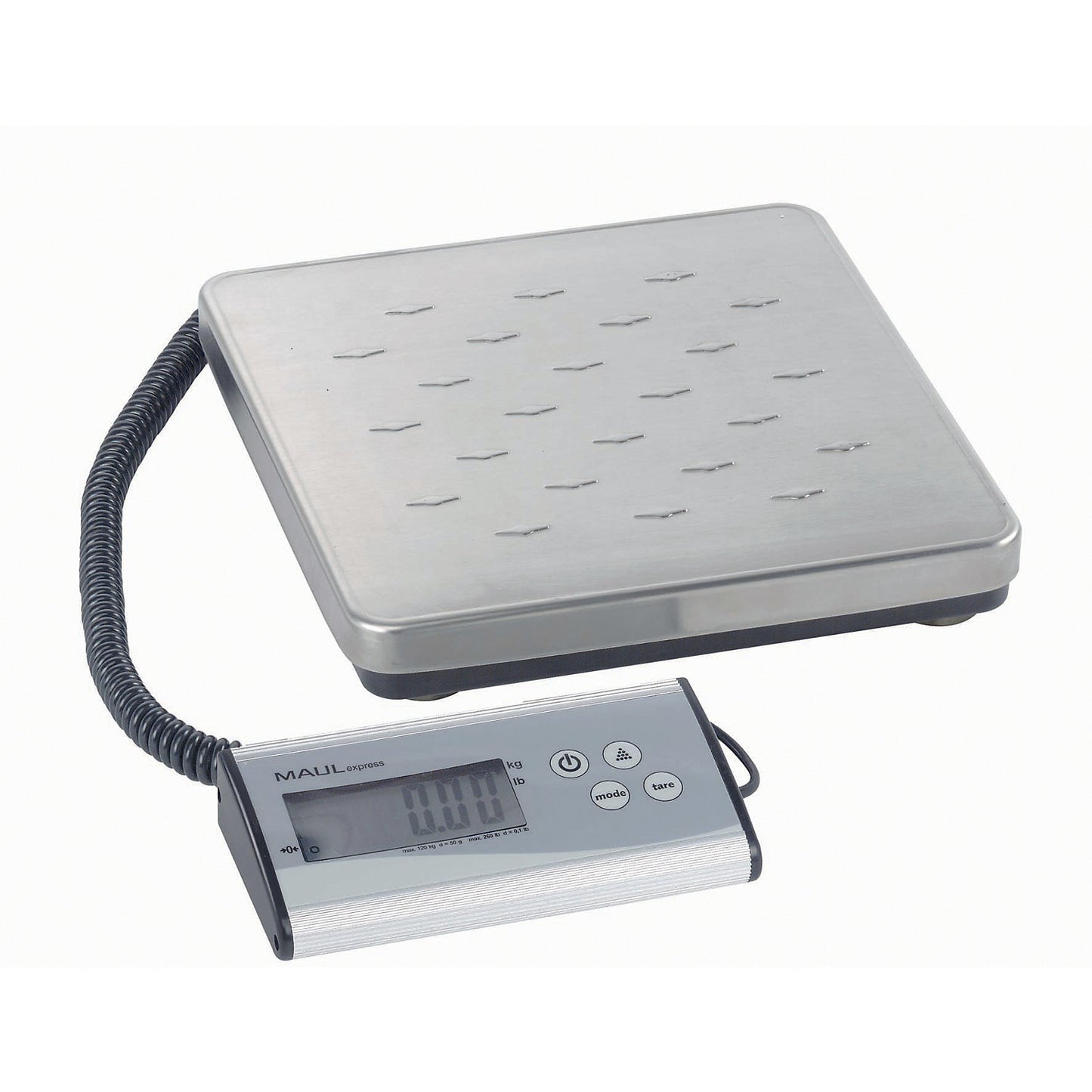 MAULcargo parcel scales, separate control unit, weighing range up to 120 kg, read-out accuracy 50 g, weighing plate 270 x 270 mm.