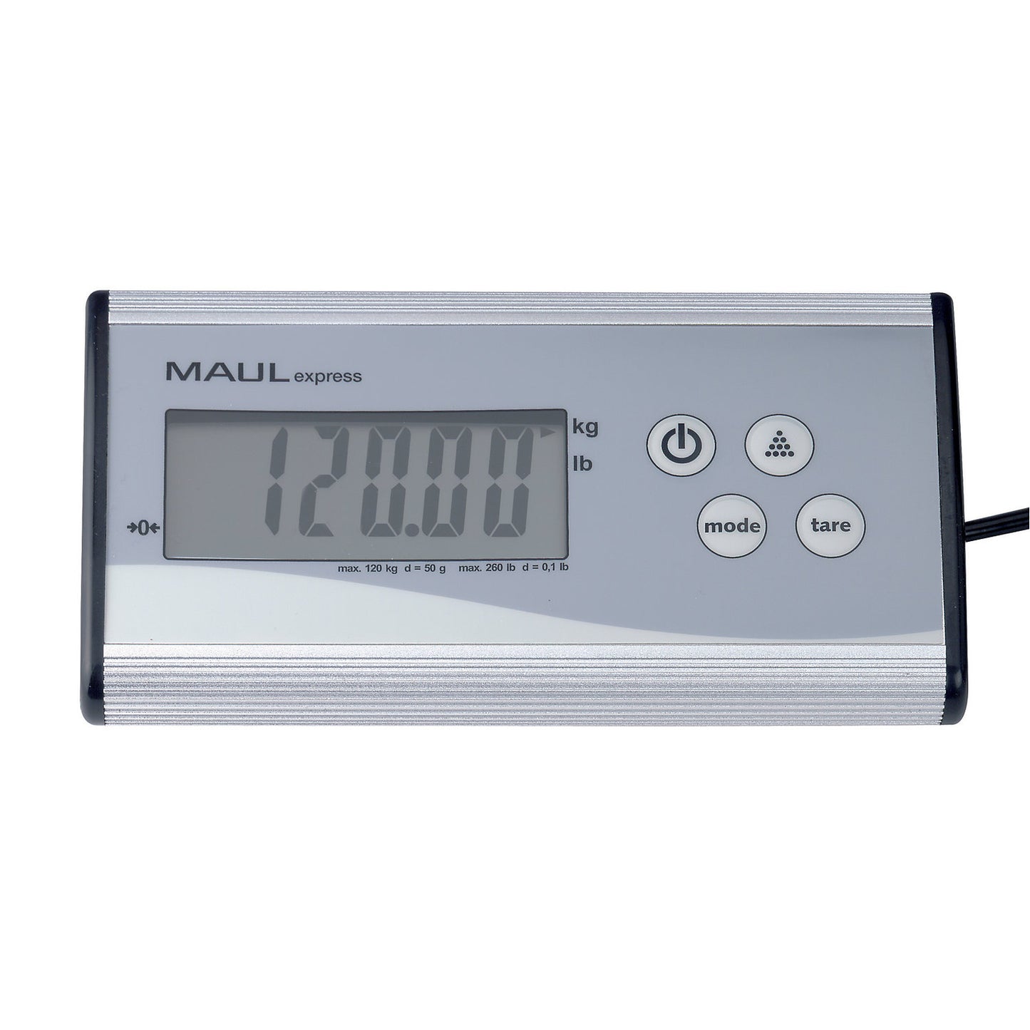 MAULcargo parcel scales, separate control unit, weighing range up to 120 kg, read-out accuracy 50 g, weighing plate 270 x 270 mm.
