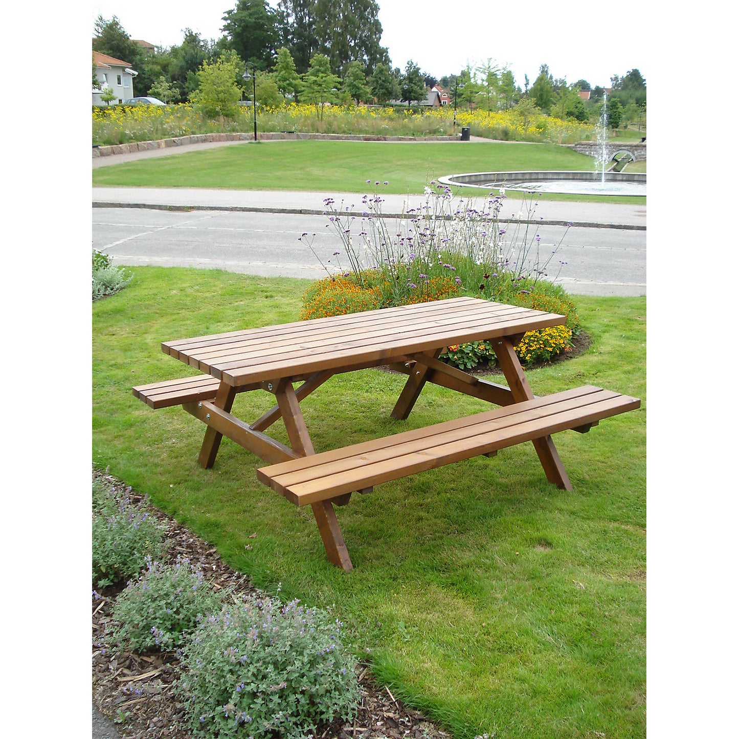 Picnic bench, rectangular, pine wood, brown, LxD 1700 x 1850 mm.
