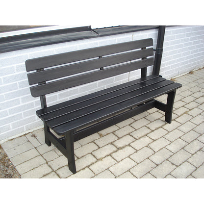 Wooden bench, black, overall length 1600 mm, overall height 870 mm.