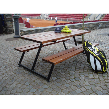 Picnic bench without back rest, steel frame, black, with wooden planks.