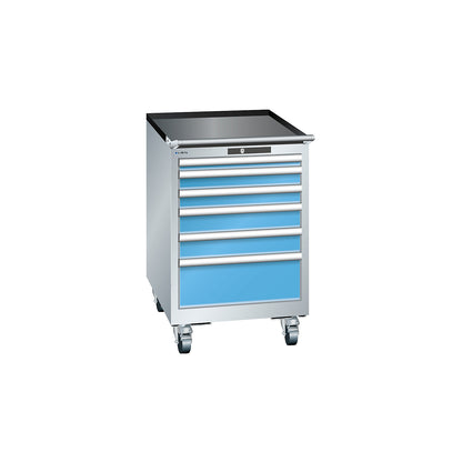 Drawer cupboard, width 564 mm, mobile, 6 drawers, HxD 890 x 725 mm, light grey / light blue.