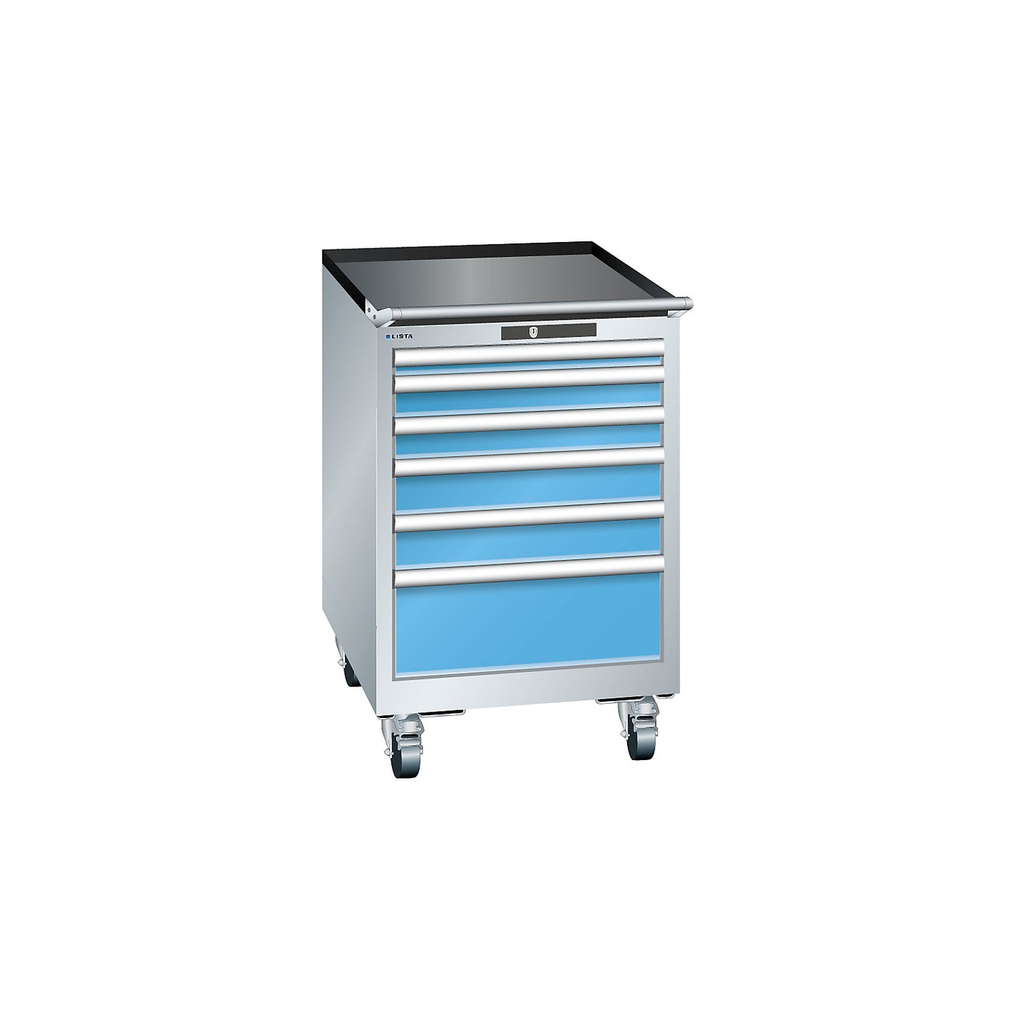 Drawer cupboard, width 564 mm, mobile, 6 drawers, HxD 890 x 572 mm, light grey / light blue.