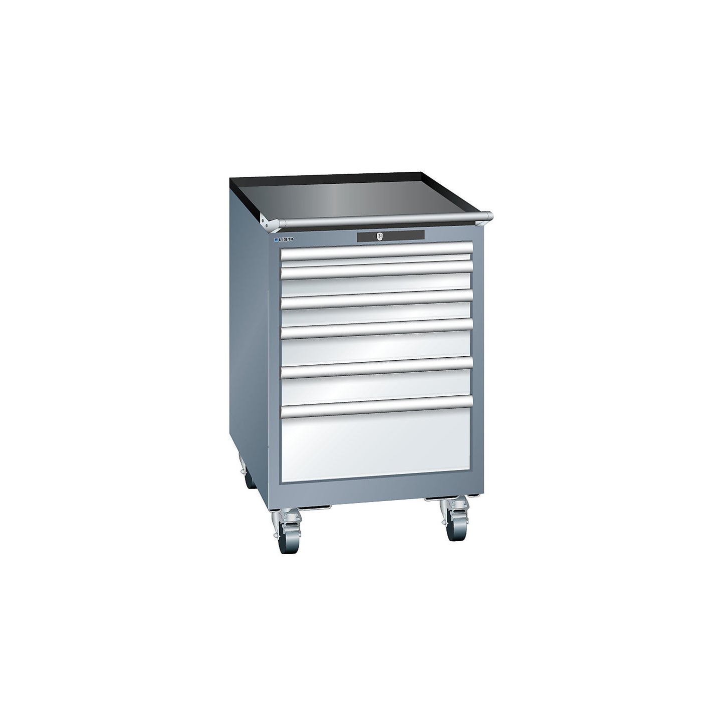 Drawer cupboard, width 564 mm, mobile, 6 drawers, HxD 890 x 725 mm, grey metallic / light grey.