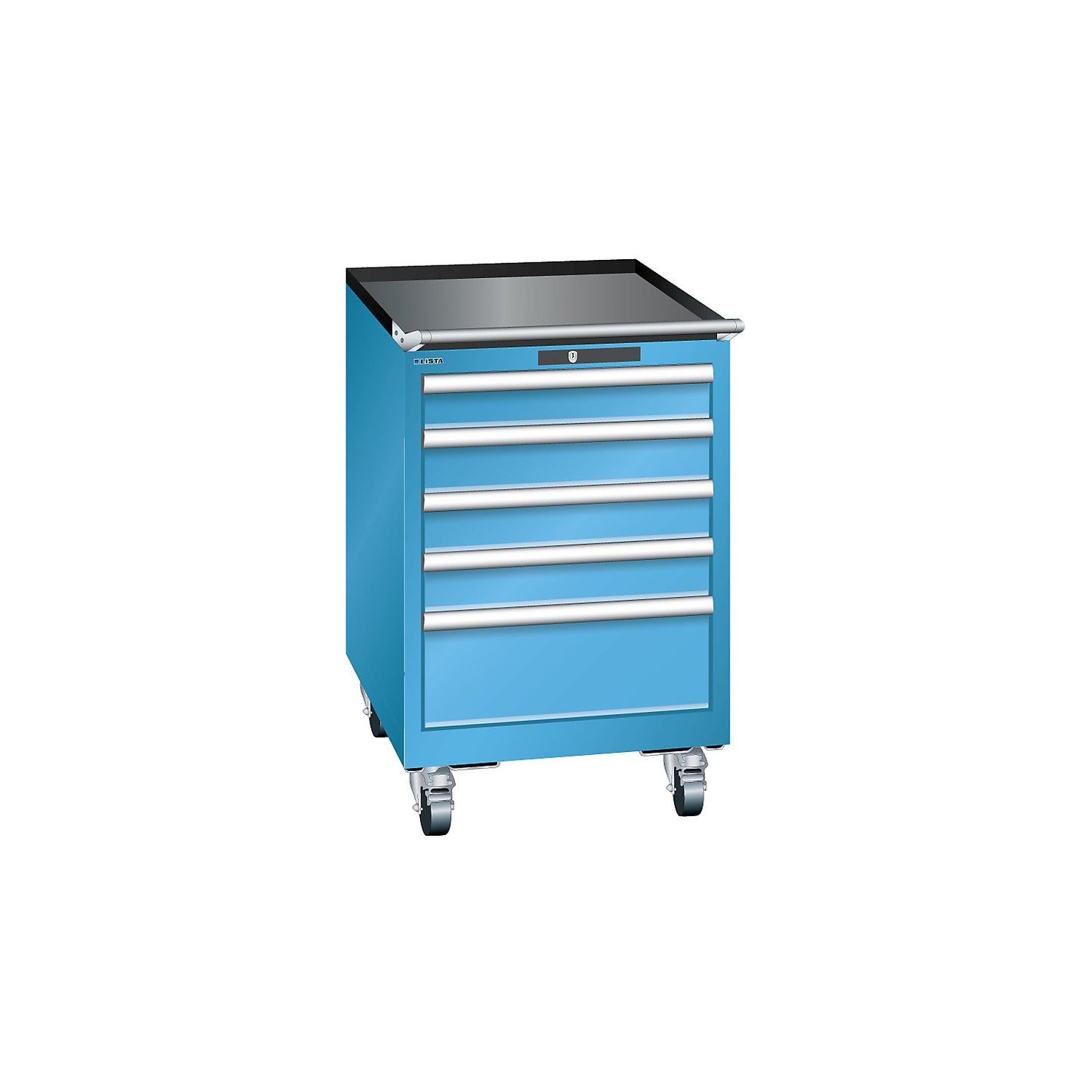 Drawer cupboard, width 564 mm, mobile, 5 drawers, HxD 890 x 572 mm, light grey / light blue.