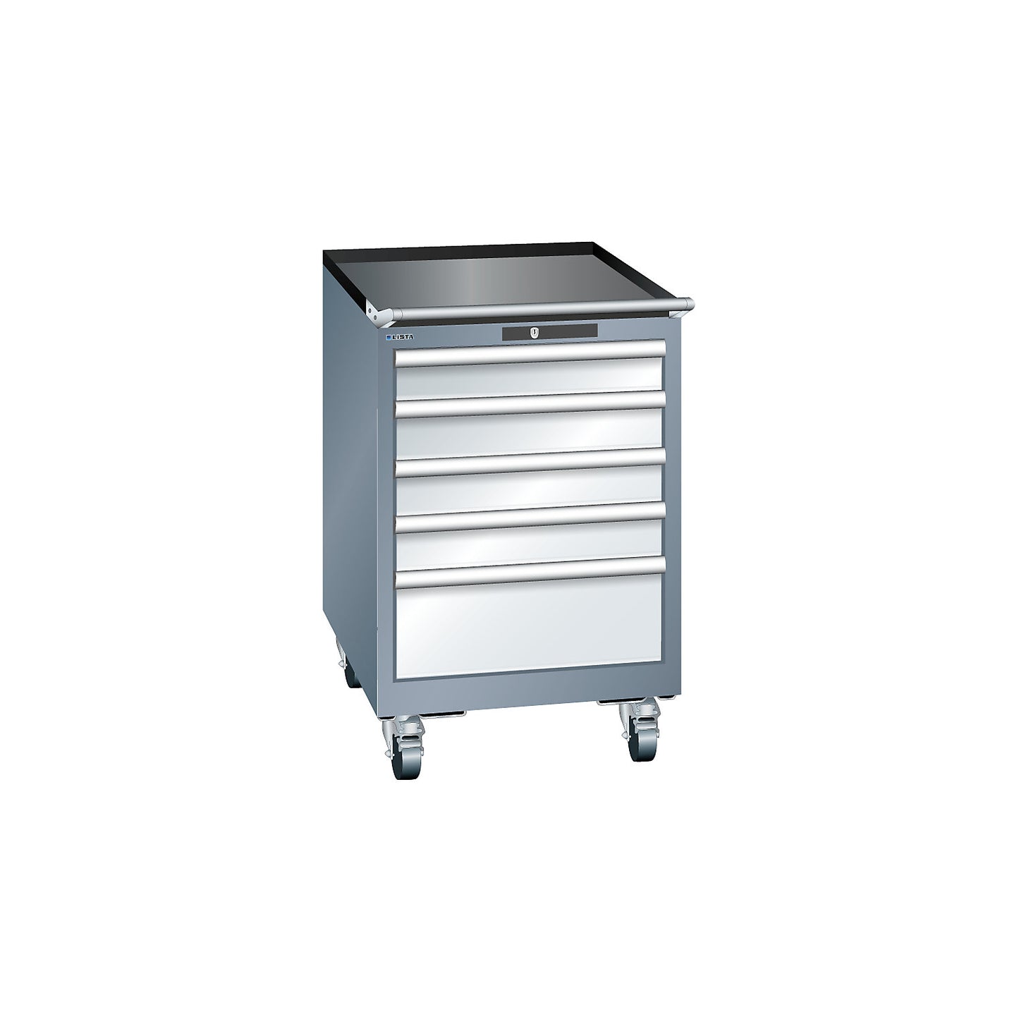 Drawer cupboard, width 564 mm, mobile, 5 drawers, HxD 890 x 572 mm, grey metallic / light grey.