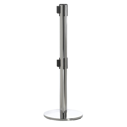 Dual line belt barrier, chrome plated, black belt, extends 2300 mm.