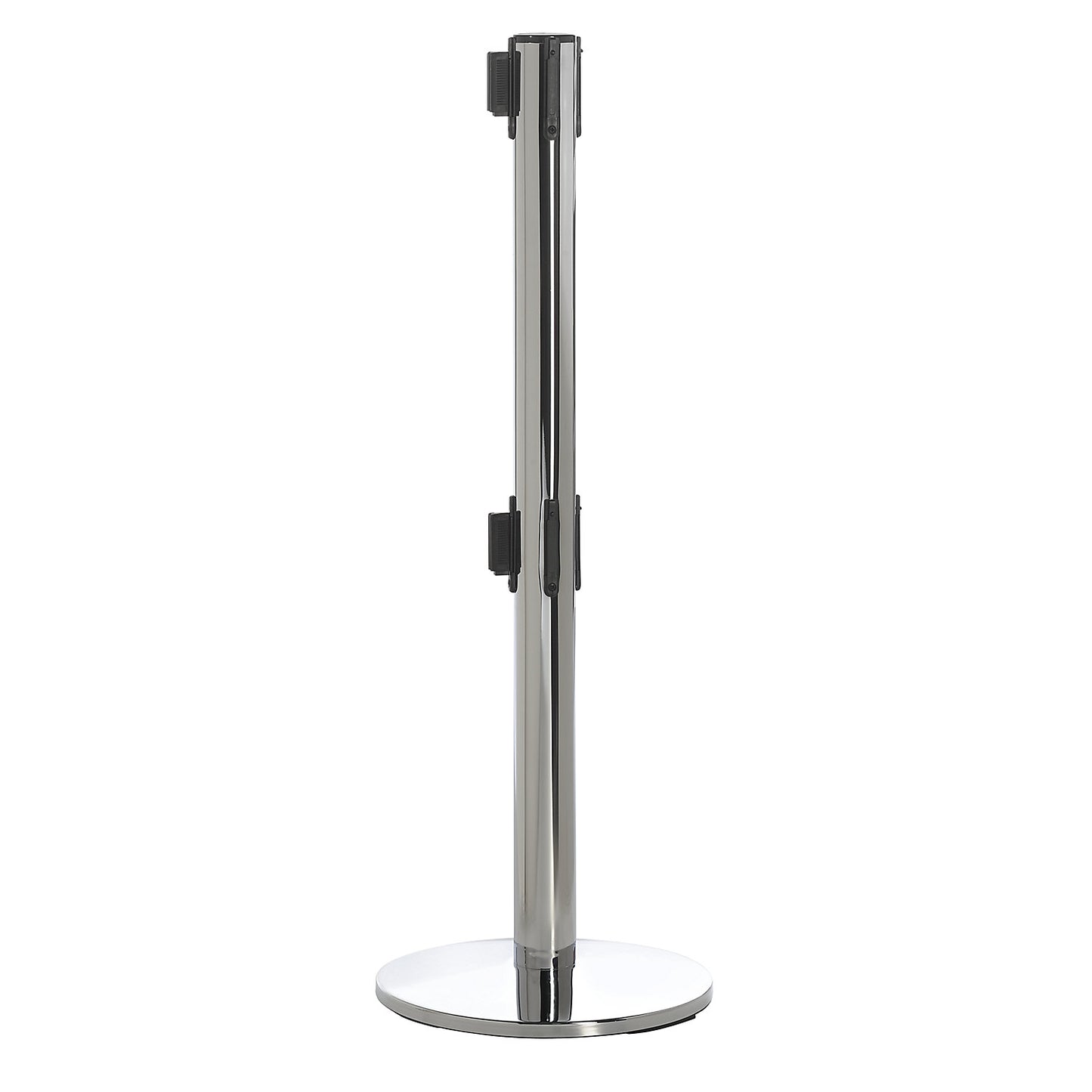 Dual line belt barrier, chrome plated, black belt, extends 3650 mm.
