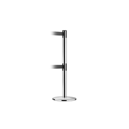 Dual line belt barrier, chrome plated, black belt, extends 2300 mm.