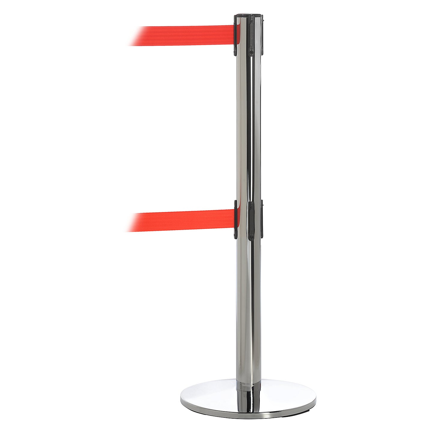 Dual line belt barrier, chrome plated, red belt, extends 3650 mm.