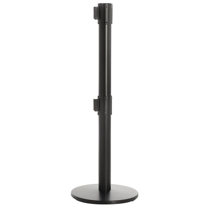 Dual line belt barrier, powder coated black, black belt, extends 3650 mm.