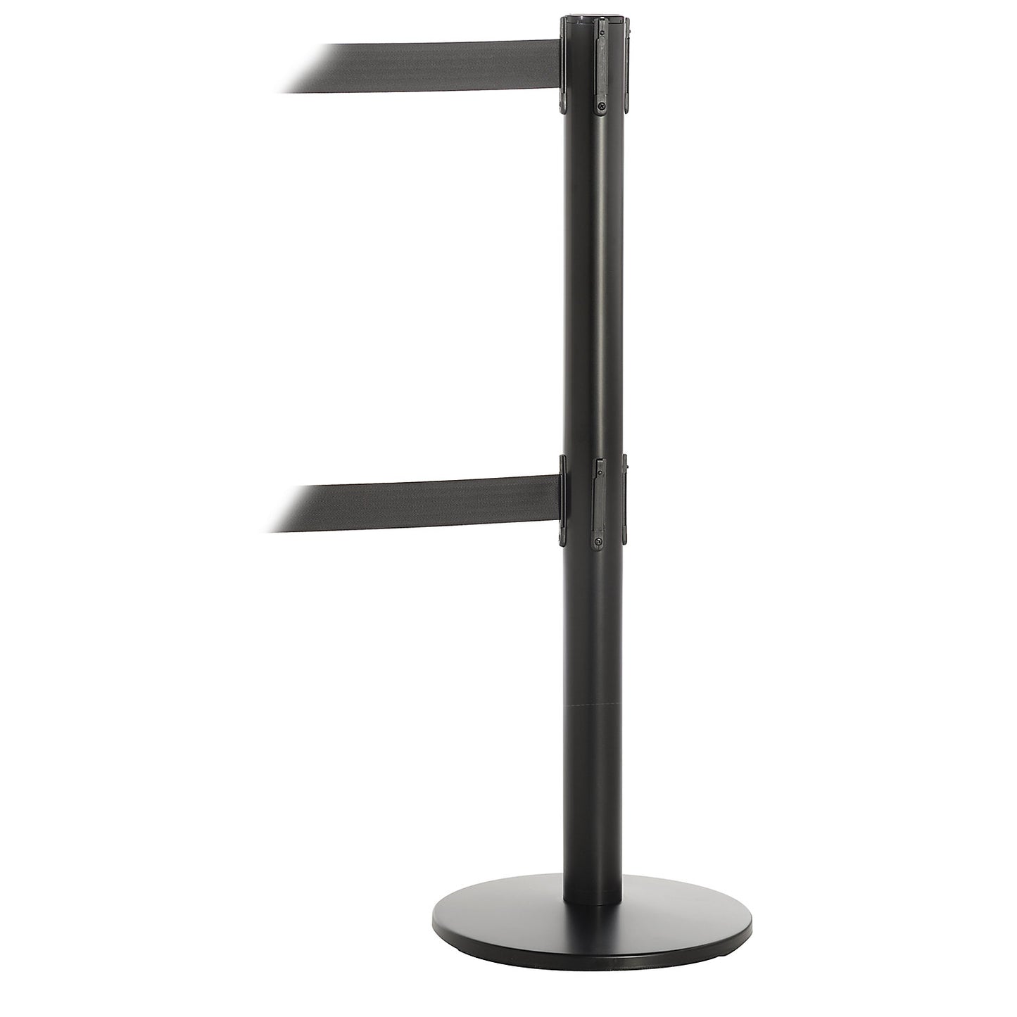 Dual line belt barrier, powder coated black, red belt, extends 2300 mm.