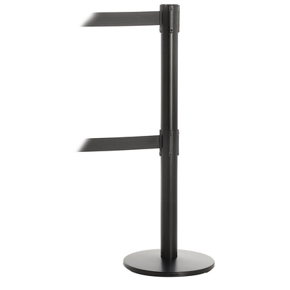 Dual line belt barrier, powder coated black, black belt, extends 2300 mm.