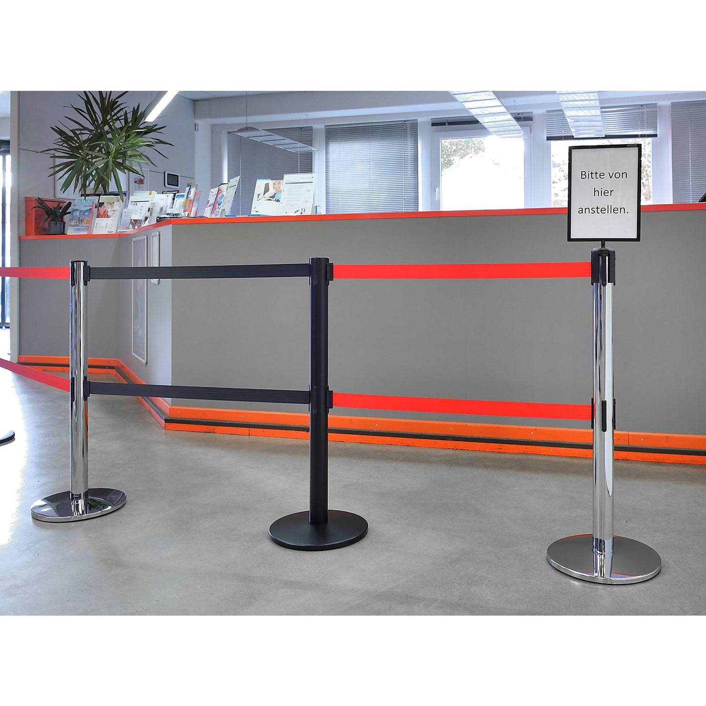 Dual line belt barrier, powder coated black, black belt, extends 3650 mm.