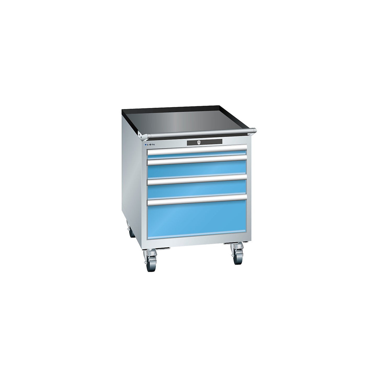 Drawer cupboard, width 564 mm, mobile, 4 drawers, HxD 723 x 725 mm, light grey / light blue.