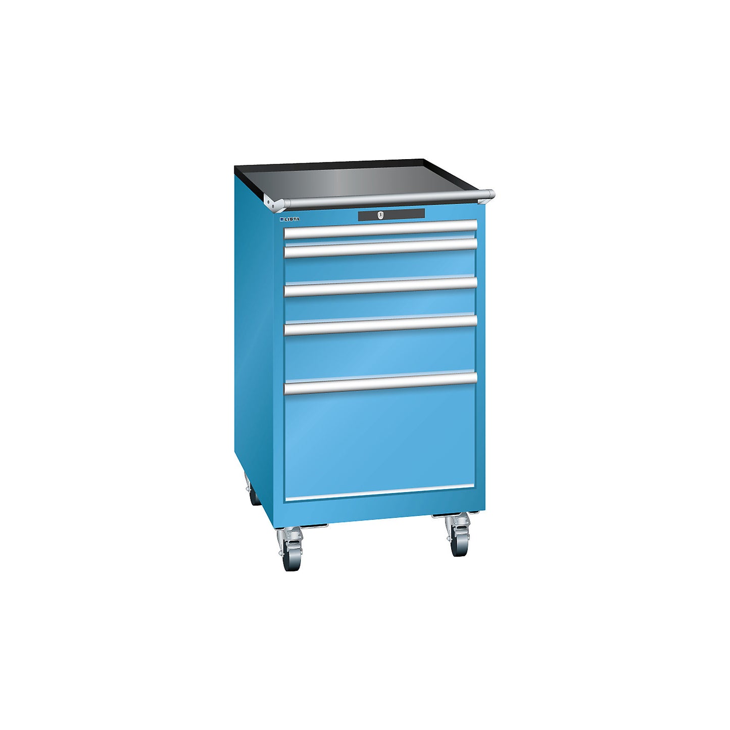 Drawer cupboard, width 564 mm, mobile, 5 drawers, HxD 990 x 725 mm, grey metallic / light grey.