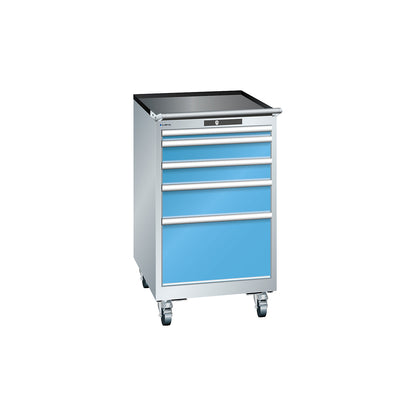 Drawer cupboard, width 564 mm, mobile, 5 drawers, HxD 990 x 725 mm, light grey / light blue.