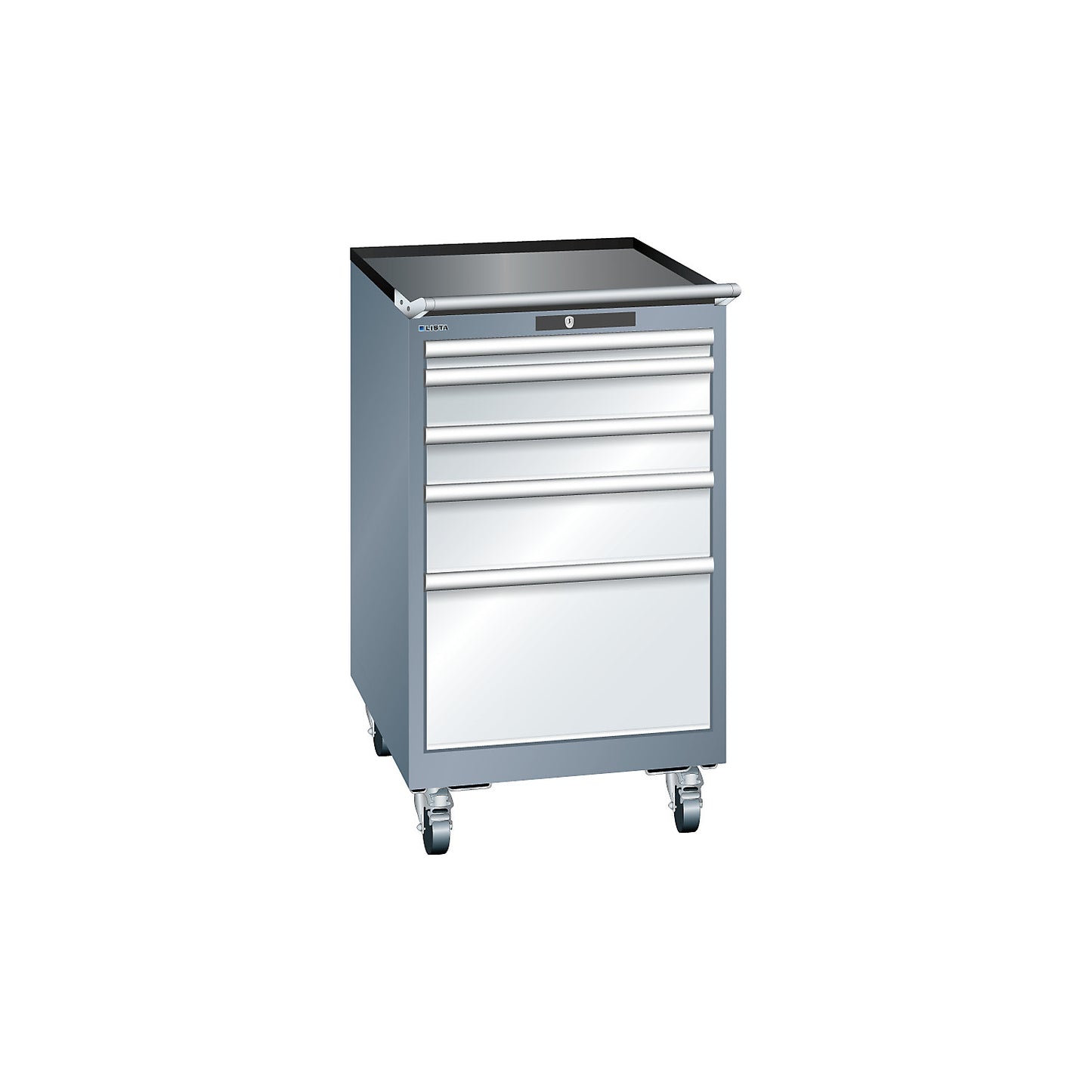 Drawer cupboard, width 564 mm, mobile, 5 drawers, HxD 990 x 725 mm, grey metallic / light grey.