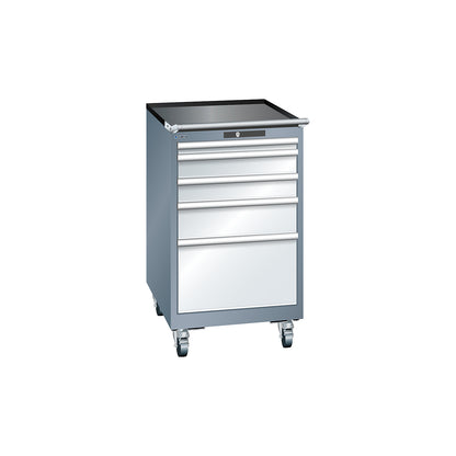 Drawer cupboard, width 564 mm, mobile, 5 drawers, HxD 990 x 725 mm, grey metallic / light grey.