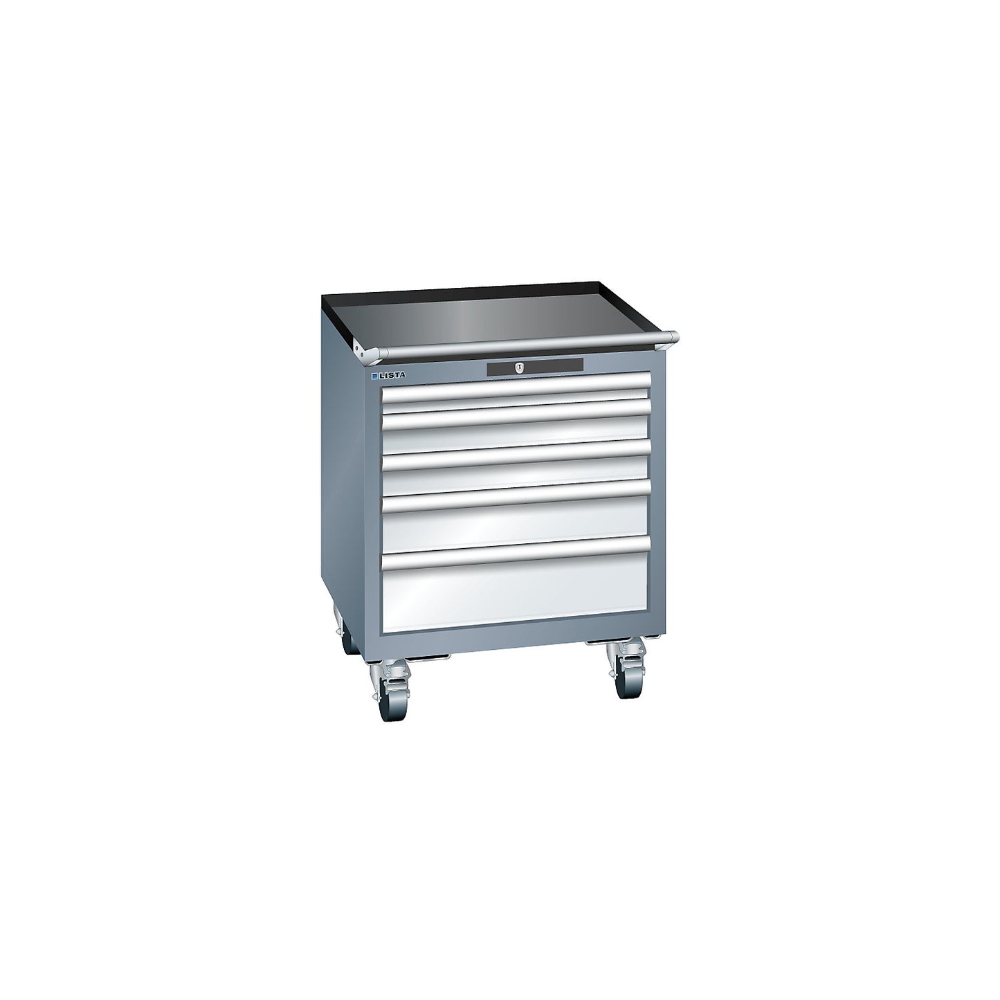 Drawer cupboard, width 564 mm, mobile, 5 drawers, HxD 723 x 572 mm, grey metallic / light grey.