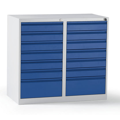 Drawer cupboard, steel, HxWxD 900 x 1000 x 500 mm, 14 drawers, gentian blue drawers.