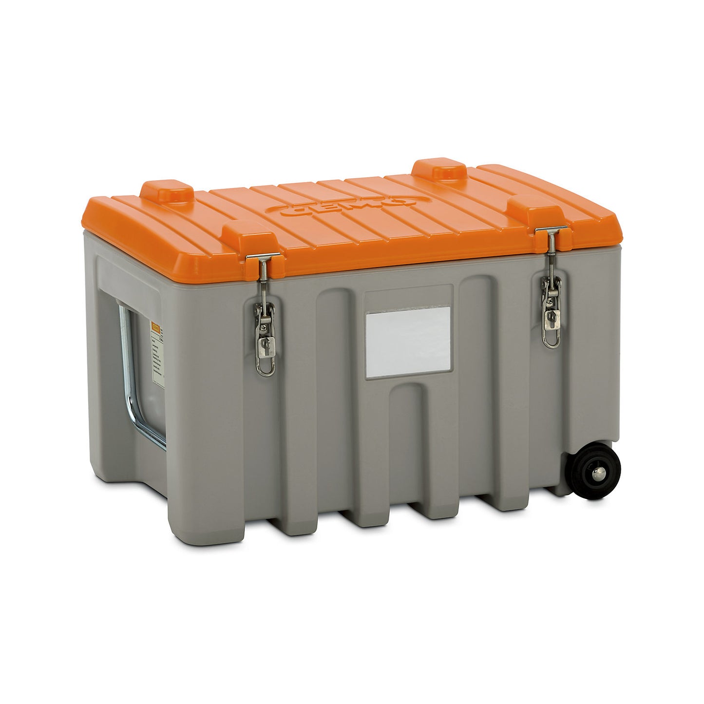 Universal box made of polyethylene, capacity 150 l, trolley, grey / orange.